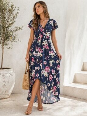 La Banga Floral High Low Maxi Dress XS Made in USA Navy Pink Wrap Style